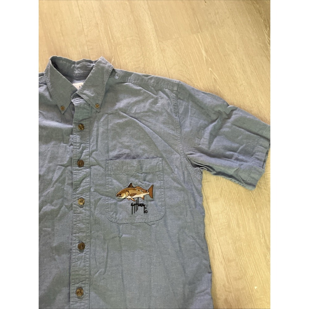 Guy Harvey AFTCO Bluewater Mens Blue Cotton Redfish Embroidered Shirt‎ Medium